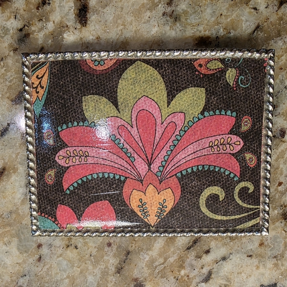 Womens Metal Floral Rectangle Belt Buckle Brown Pink Retro Boho Western Indie - Picture 4 of 5